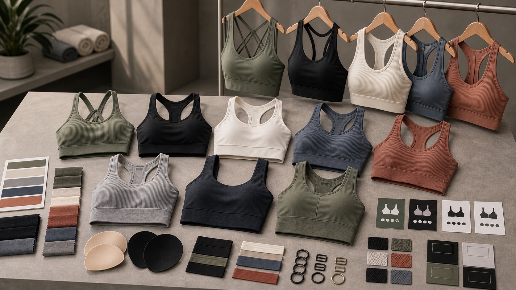 Private label sports bras OEM ODM range with racerback strappy longline bras removable pads and support fabric swatches